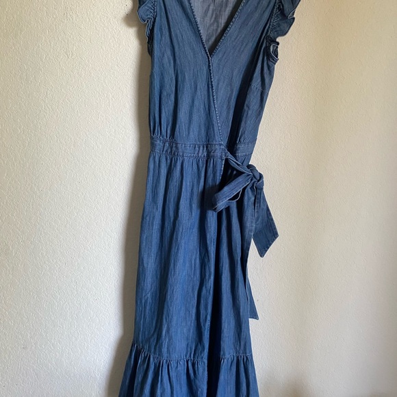 J.Crew Grand Lily Drapey Chambray Denim Blue Wrap Ruffle Hem Midi Dress 4 - Picture 3 of 16